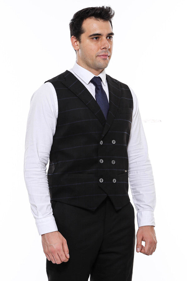 WSS Plaid Double Breasted Collared Black Men Vest  - Singen