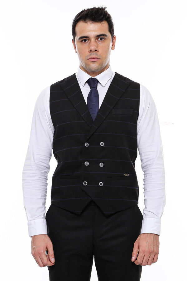 WSS Plaid Double Breasted Collared Black Men Vest  - Singen
