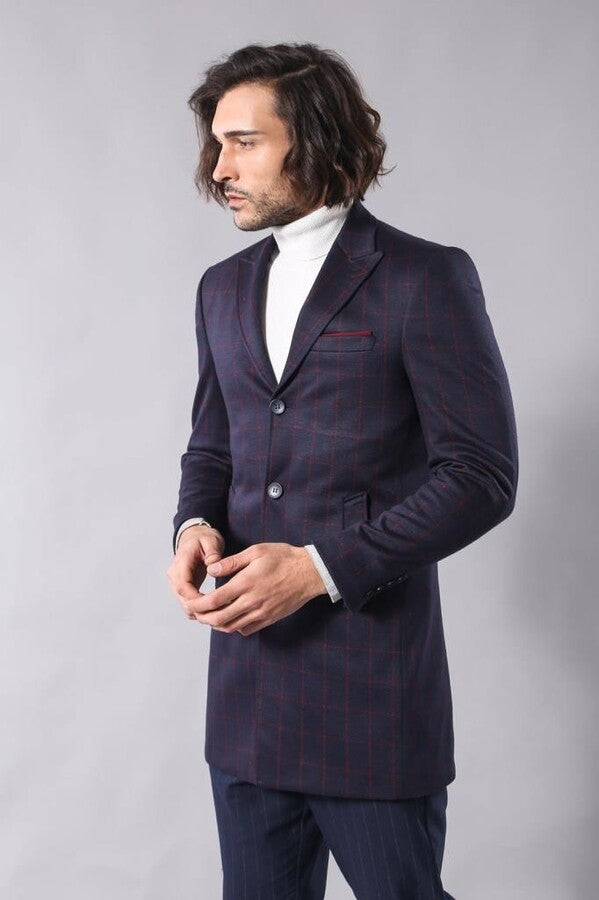 WSS Plaid Navy Blue Men Coat  - Courtenay