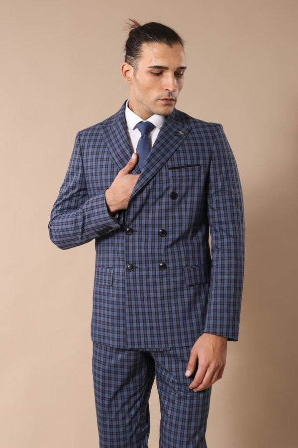 WSS Plaid Navy Blue Men's Double Breasted Suit  - Torres Novas