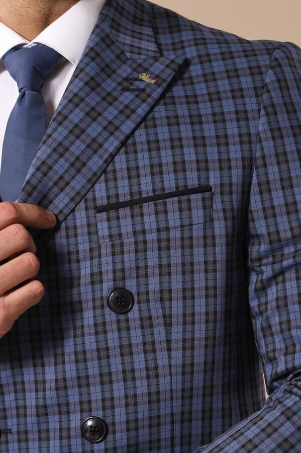 WSS Plaid Navy Blue Men's Double Breasted Suit  - Torres Novas