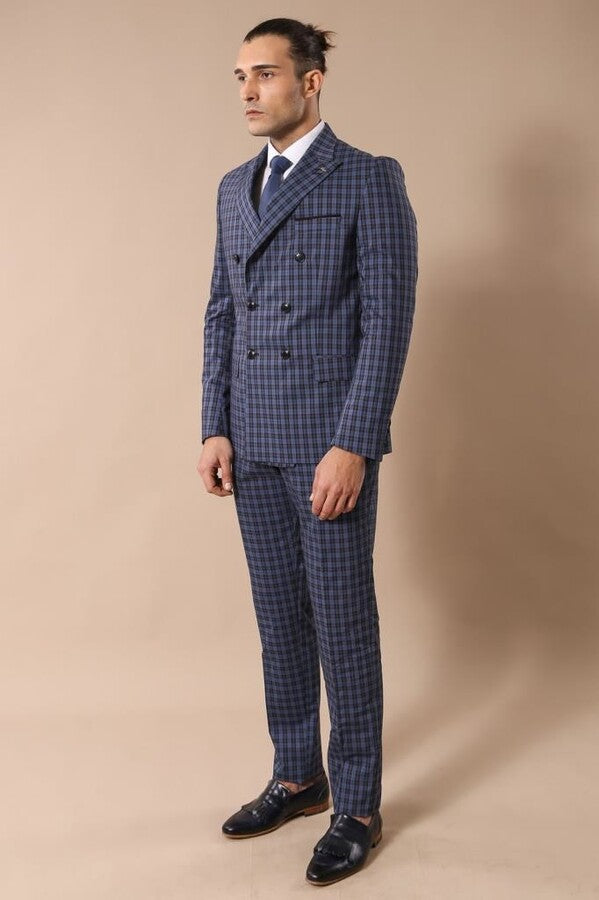 WSS Plaid Navy Blue Men's Double Breasted Suit  - Torres Novas