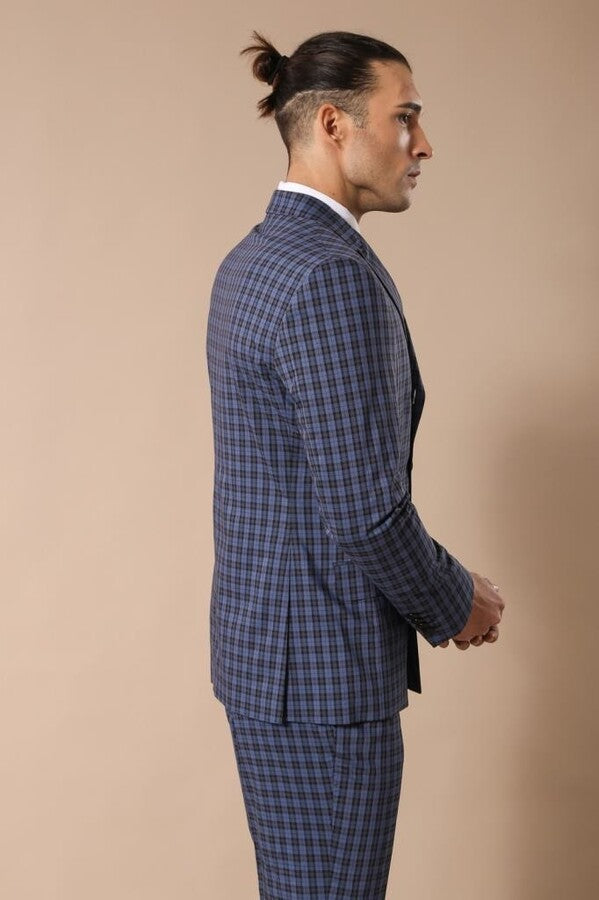 WSS Plaid Navy Blue Men's Double Breasted Suit  - Torres Novas