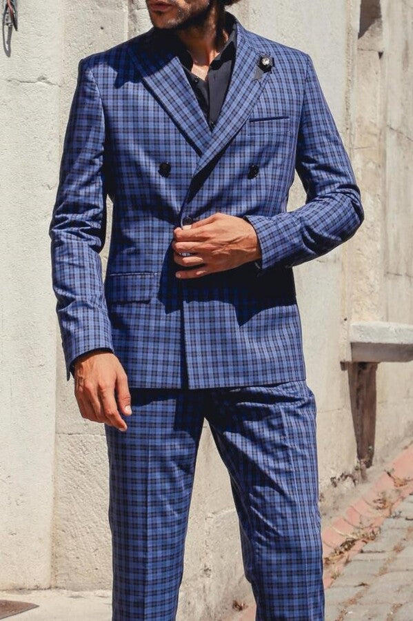WSS Plaid Navy Blue Men's Double Breasted Suit  - Zwickau