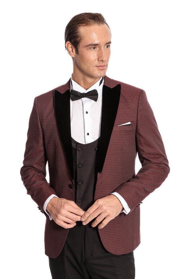 WSS Plaid Patterned Burgundy Tuxedo  - Acayucan
