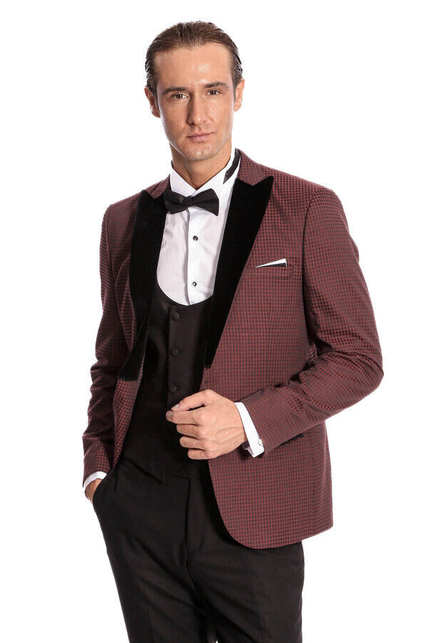 WSS Plaid Patterned Burgundy Tuxedo  - Acayucan