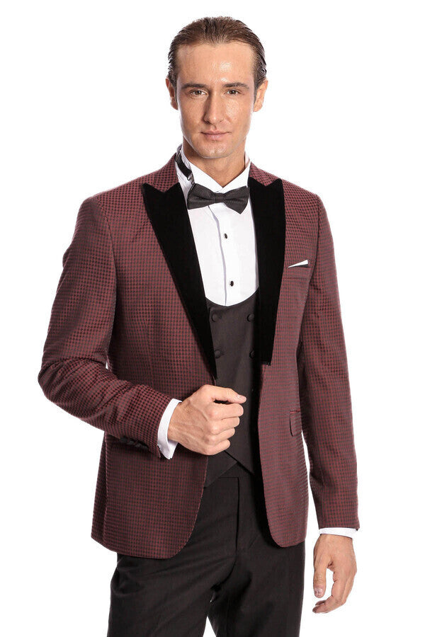 WSS Plaid Patterned Burgundy Tuxedo  - Acayucan