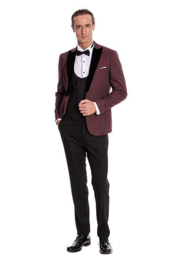 WSS Plaid Patterned Burgundy Tuxedo  - Acayucan