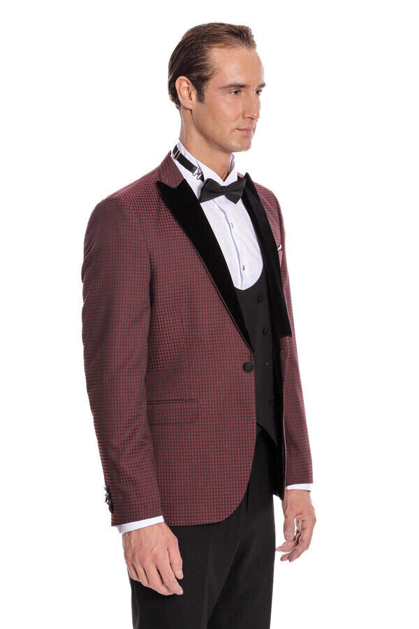 WSS Plaid Patterned Burgundy Tuxedo  - Acayucan