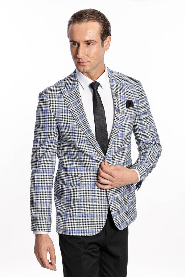 WSS Plaid Slim-Fit Blue Black Men Blazer  - Perote