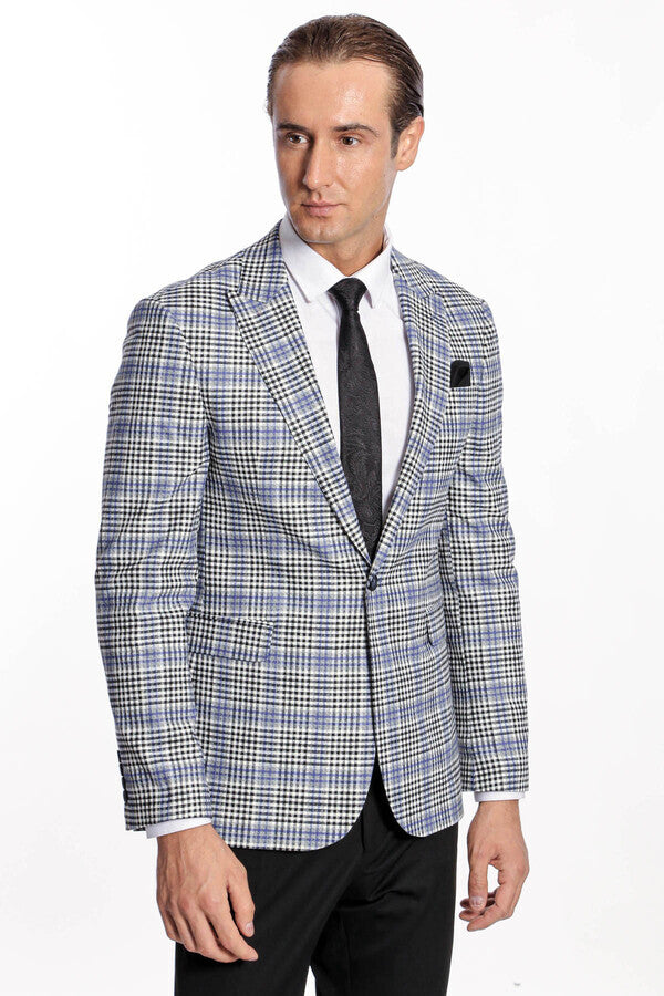 WSS Plaid Slim-Fit Blue Black Men Blazer  - Perote