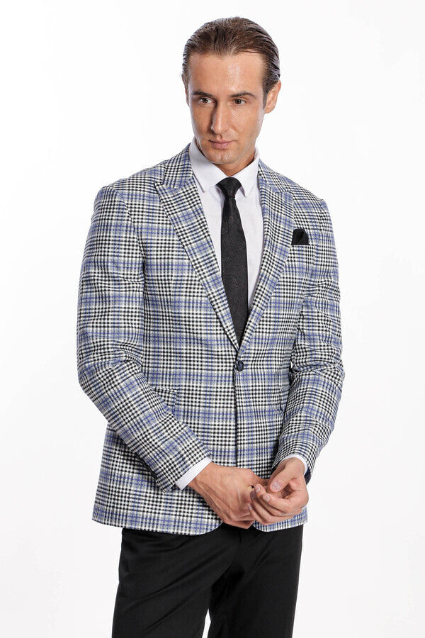 WSS Plaid Slim-Fit Blue Black Men Blazer  - Perote