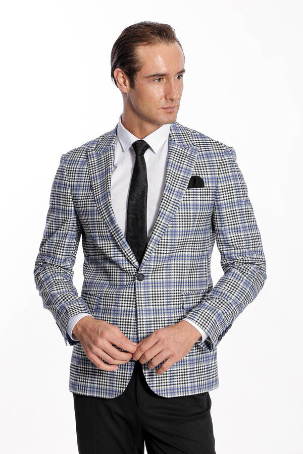 WSS Plaid Slim-Fit Blue Black Men Blazer  - Perote