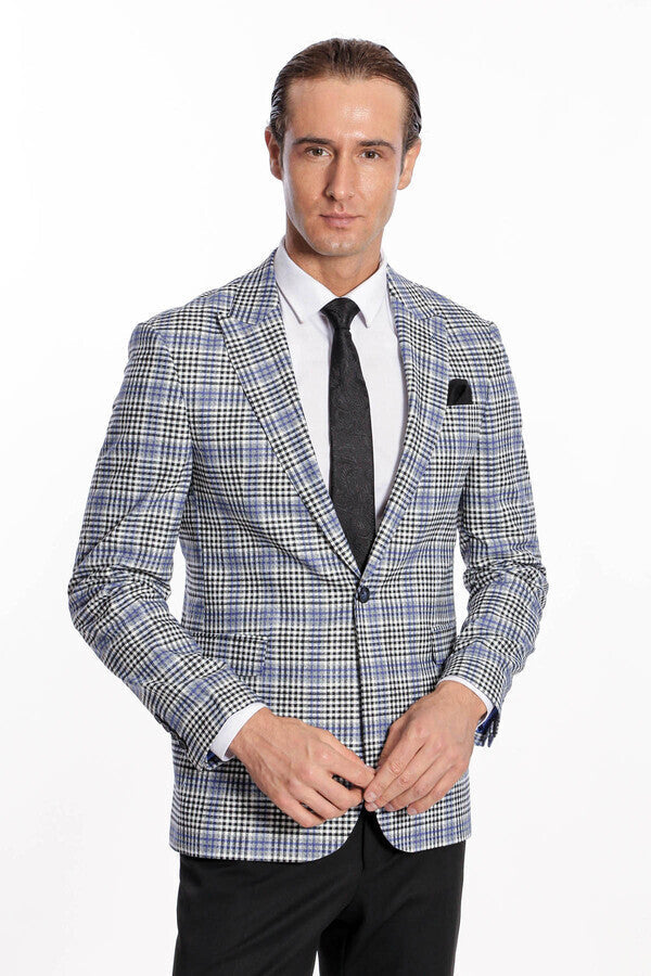 WSS Plaid Slim-Fit Blue Black Men Blazer  - Perote