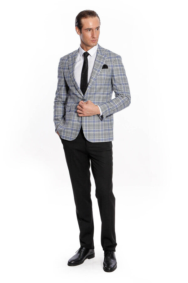 WSS Plaid Slim-Fit Blue Black Men Blazer  - Perote