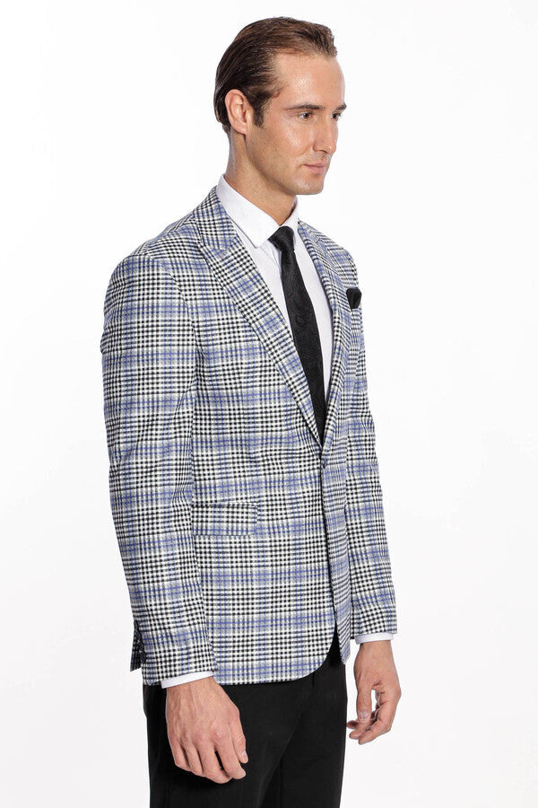 WSS Plaid Slim-Fit Blue Black Men Blazer  - Perote