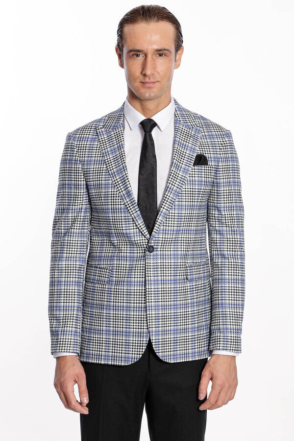 WSS Plaid Slim-Fit Blue Black Men Blazer  - Perote