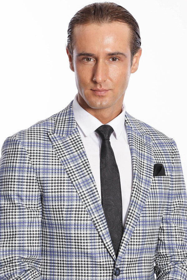 WSS Plaid Slim-Fit Blue Black Men Blazer  - Perote