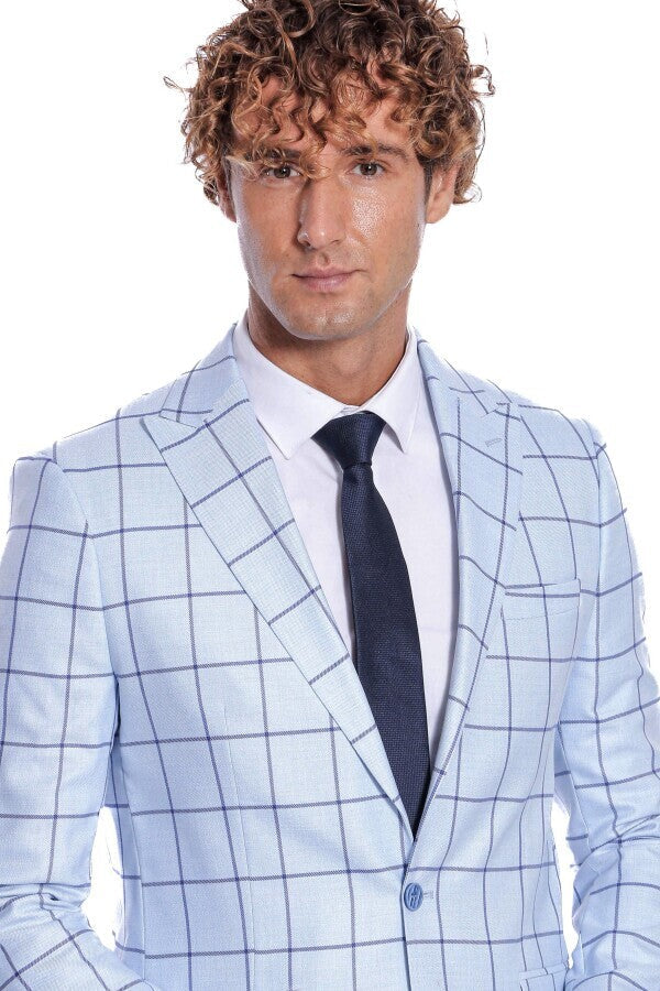 WSS Plaid Slim Fit Light Blue Men Blazer  - Dormagen