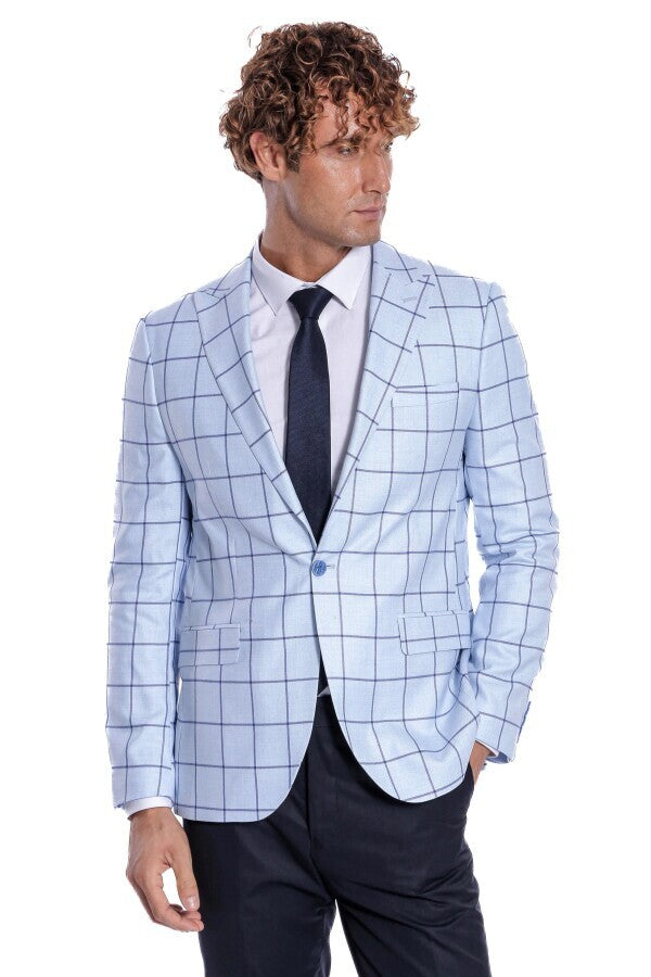 WSS Plaid Slim Fit Light Blue Men Blazer  - Dormagen