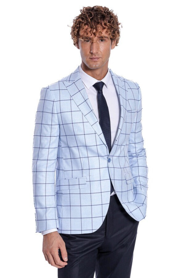 WSS Plaid Slim Fit Light Blue Men Blazer  - Dormagen