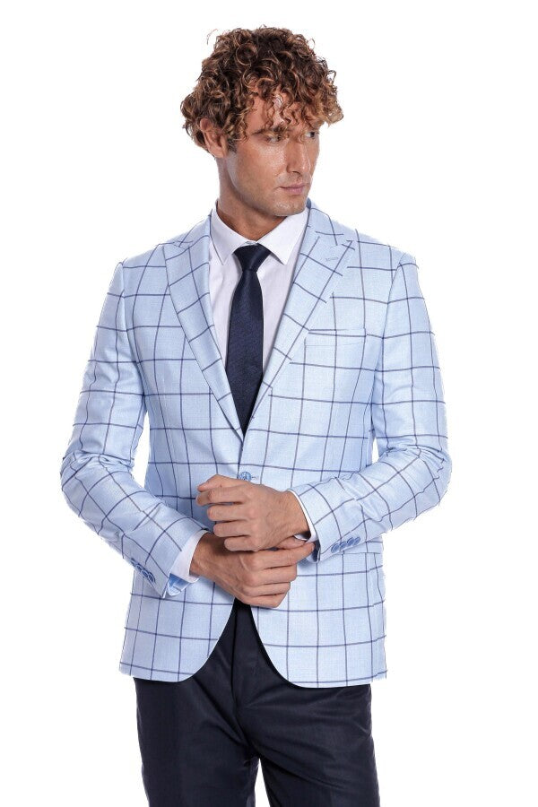 WSS Plaid Slim Fit Light Blue Men Blazer  - Dormagen