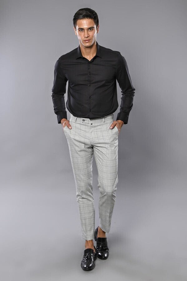 WSS Plaid Slim-Fit Light Grey Men Trousers  - Singen