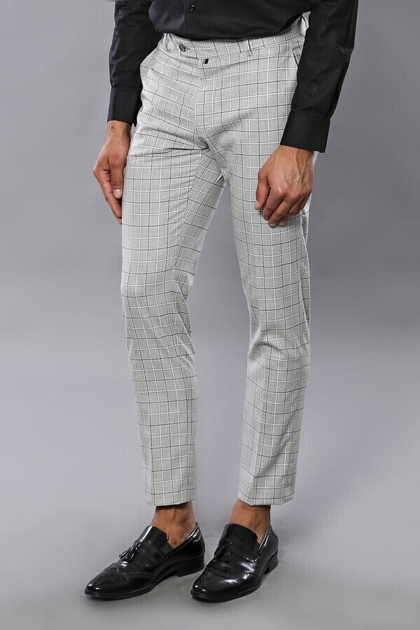 WSS Plaid Slim-Fit Light Grey Men Trousers  - Singen