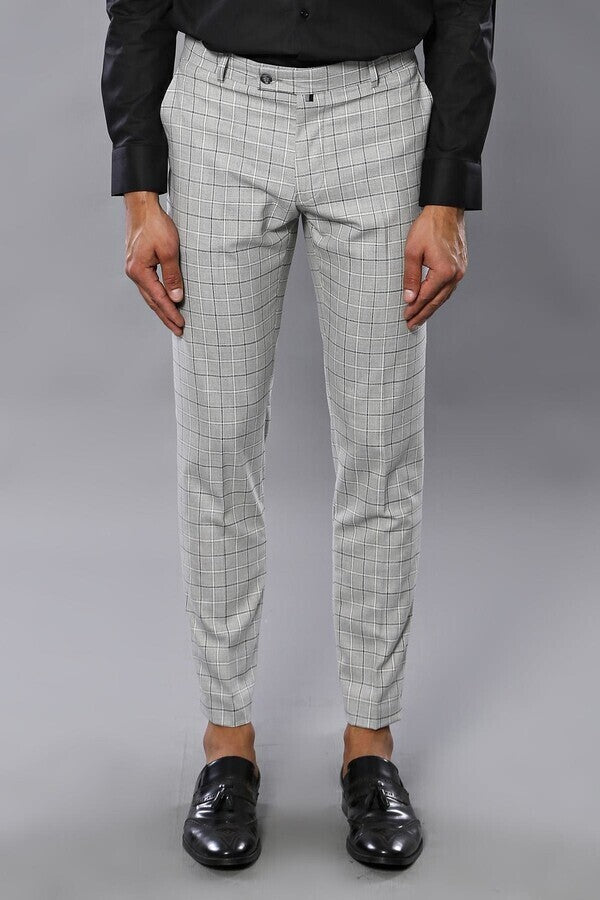 WSS Plaid Slim-Fit Light Grey Men Trousers  - Singen