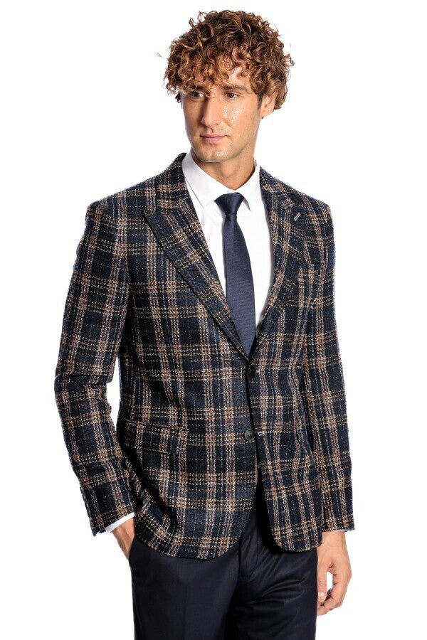 WSS Plaid Slim Fit Navy Blue Men Blazer  - Champigny-sur-Marne
