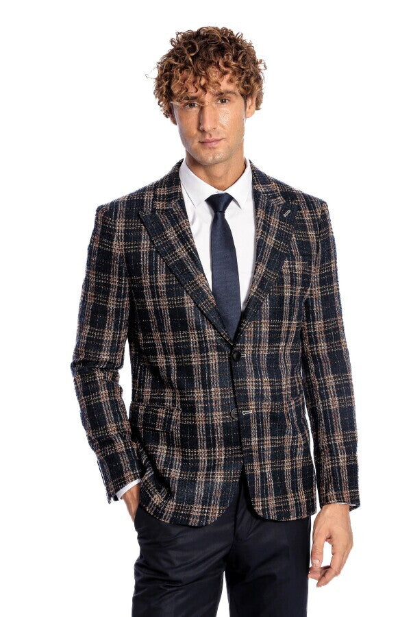 WSS Plaid Slim Fit Navy Blue Men Blazer  - Champigny-sur-Marne