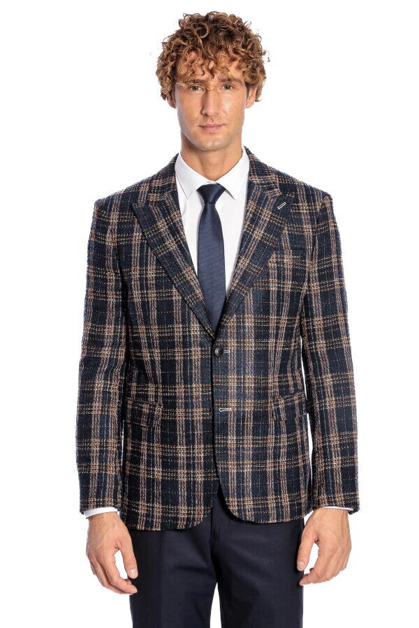 WSS Plaid Slim Fit Navy Blue Men Blazer  - Champigny-sur-Marne