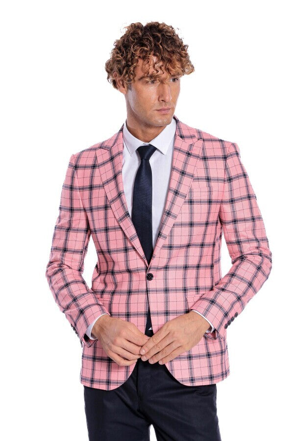 WSS Plaid Slim Fit Pink Men Blazer  - Fort Worth