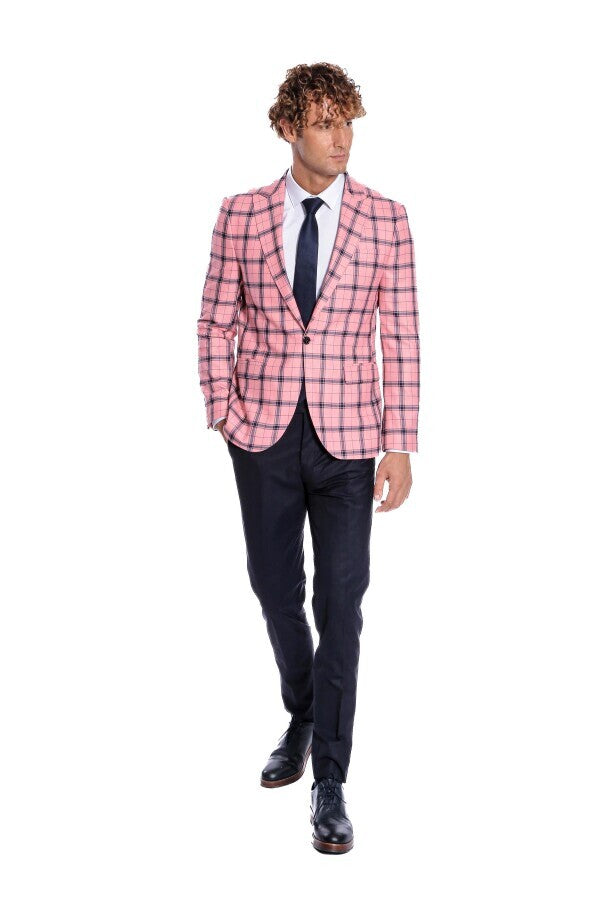 WSS Plaid Slim Fit Pink Men Blazer  - Fort Worth