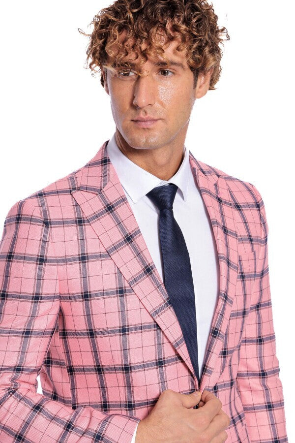 WSS Plaid Slim Fit Pink Men Blazer  - Fort Worth