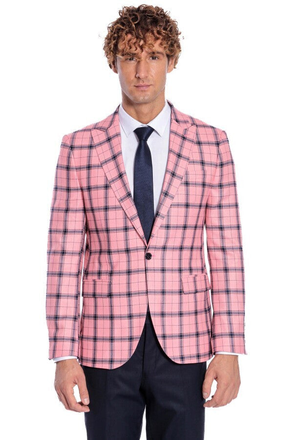 WSS Plaid Slim Fit Pink Men Blazer  - Fort Worth