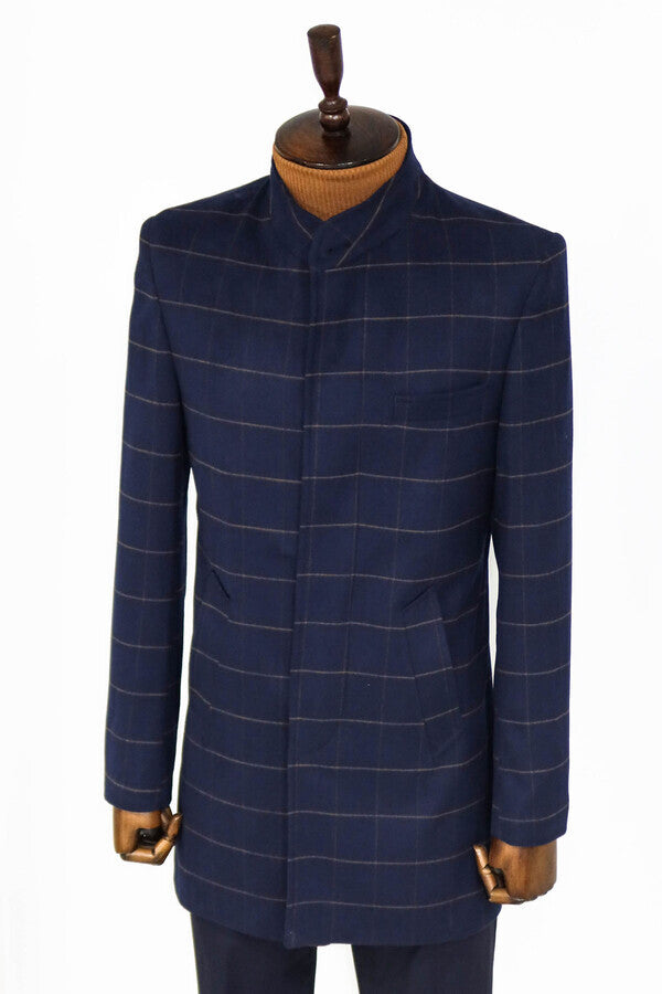 WSS Plaid Standing Collar Navy Blue Men Coat  - West Vancouver