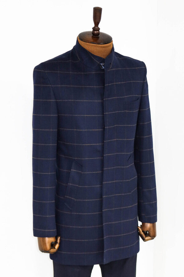 WSS Plaid Standing Collar Navy Blue Men Coat  - West Vancouver