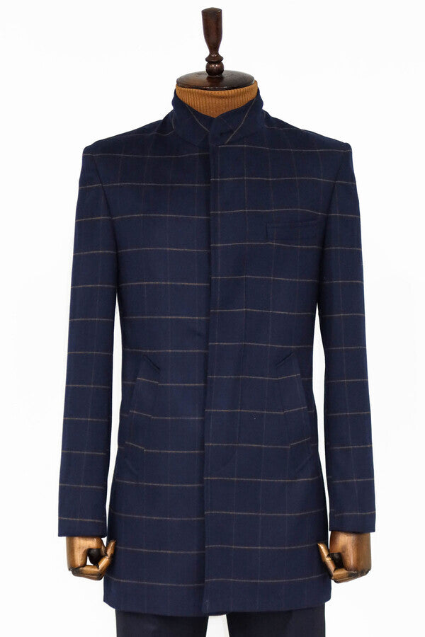 WSS Plaid Standing Collar Navy Blue Men Coat  - West Vancouver