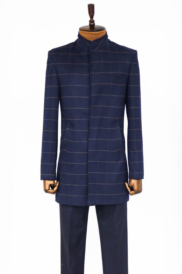 WSS Plaid Standing Collar Navy Blue Men Coat  - West Vancouver