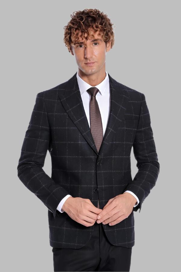 WSS Black Checkered Blazer, Black Shirt, Gray Trousers, and Textured Tie Combination - Prestigious Men's Fashion  - Las Palmas