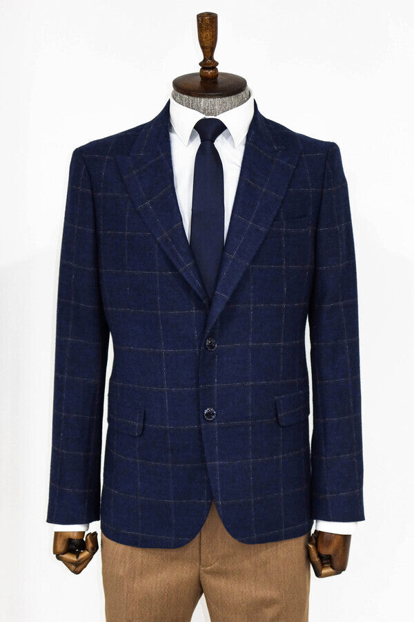WSS Plaid Wool Navy Blue Men Blazer  - Shawnee