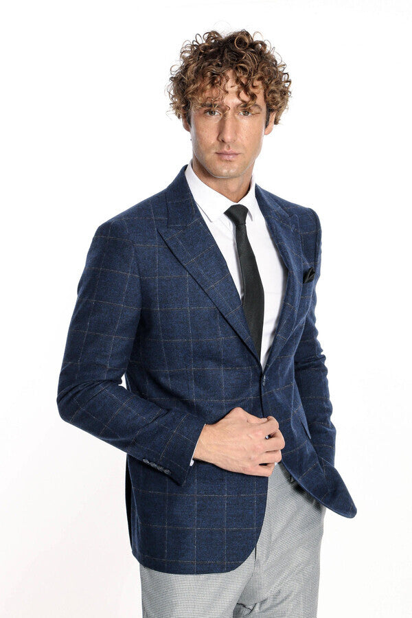WSS Plaid Wool Navy Blue Men Blazer  - Shawnee