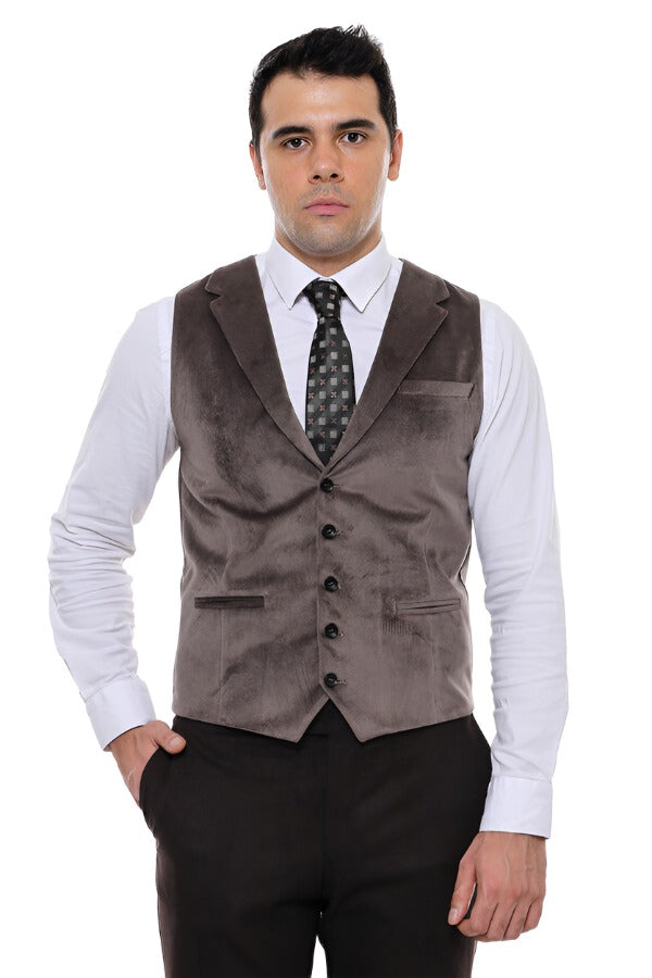 WSS Plain Collared Brown Men Vest  - Singen