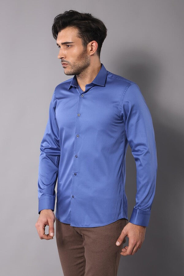 WSS Plain Cotton Satin Blue Shirt  - Hallandale Beach