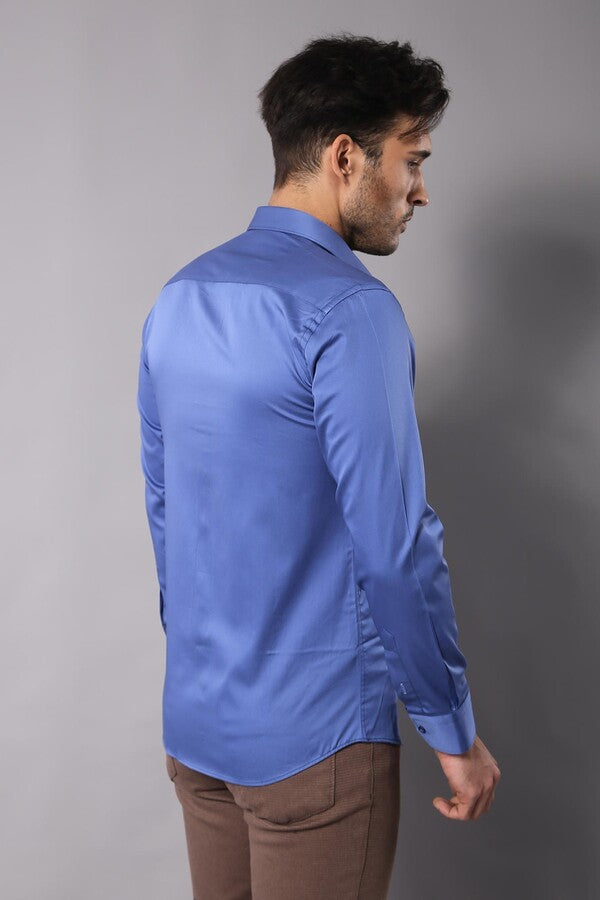 WSS Plain Cotton Satin Blue Shirt  - Hallandale Beach