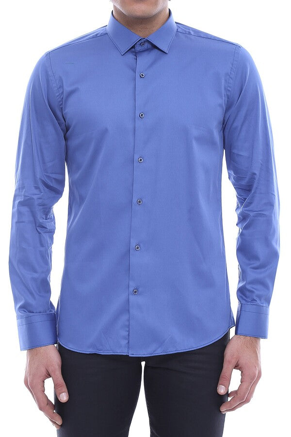 WSS Plain Cotton Satin Blue Shirt  - Hallandale Beach