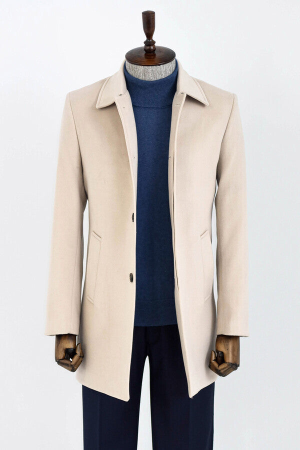 WSS Plain Hidden Button Beige Men Coat  - East Lansing