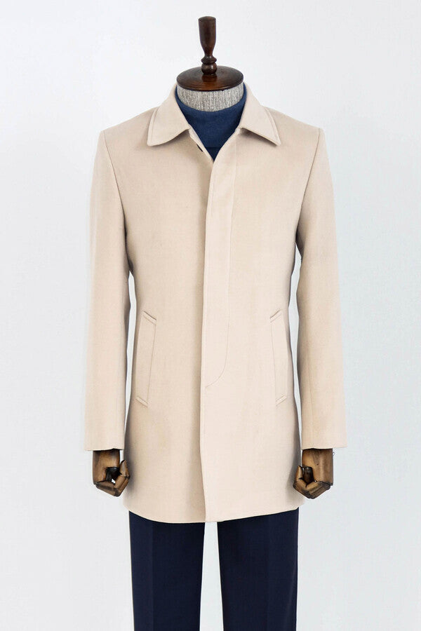 WSS Plain Hidden Button Beige Men Coat  - East Lansing