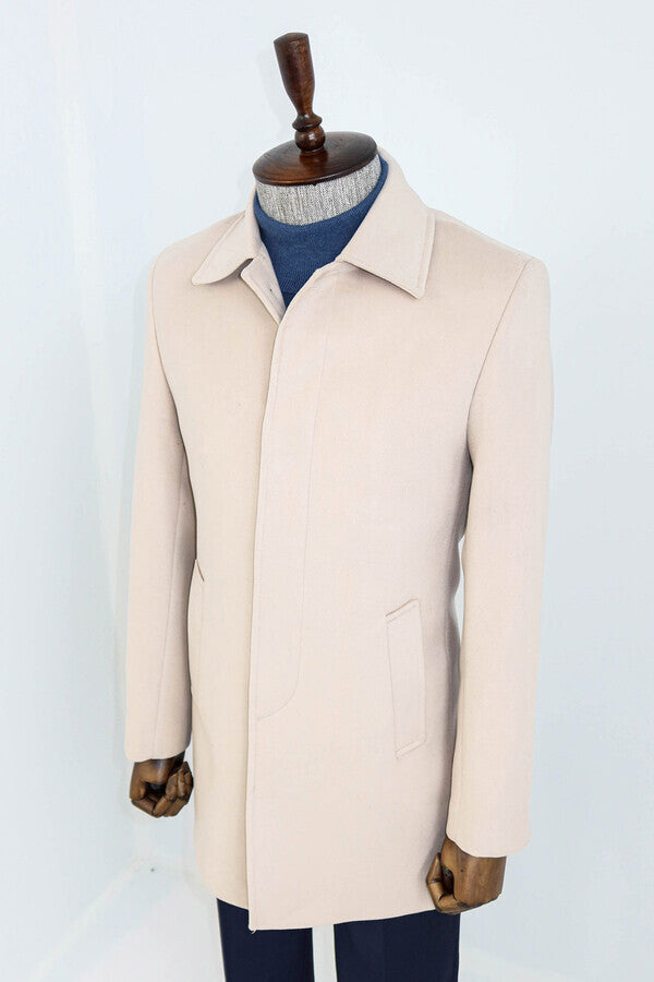 WSS Plain Hidden Button Beige Men Coat  - East Lansing